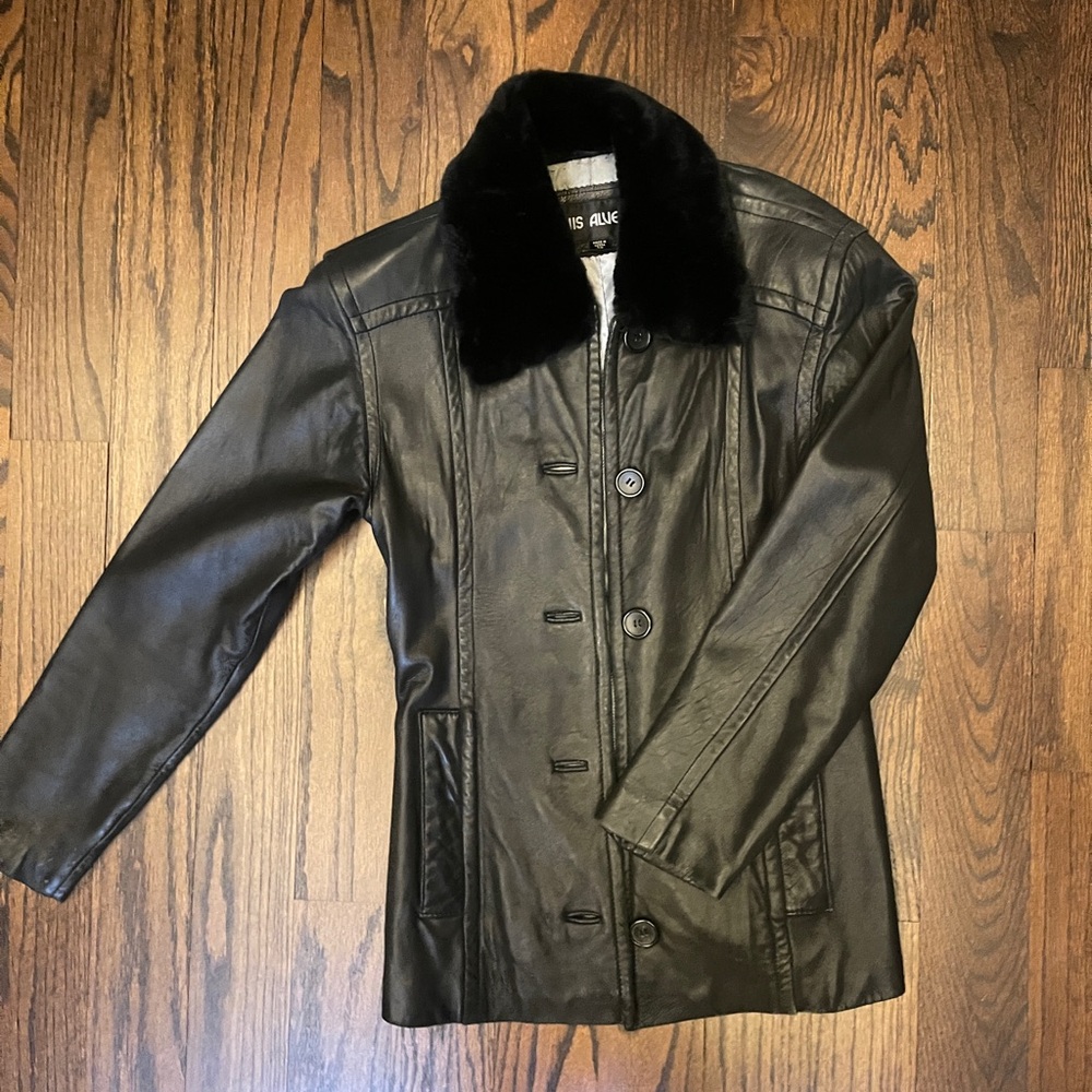 Luis Alvear Ladies Black Leather Coat Jacket Removable Fur Collar Size XS